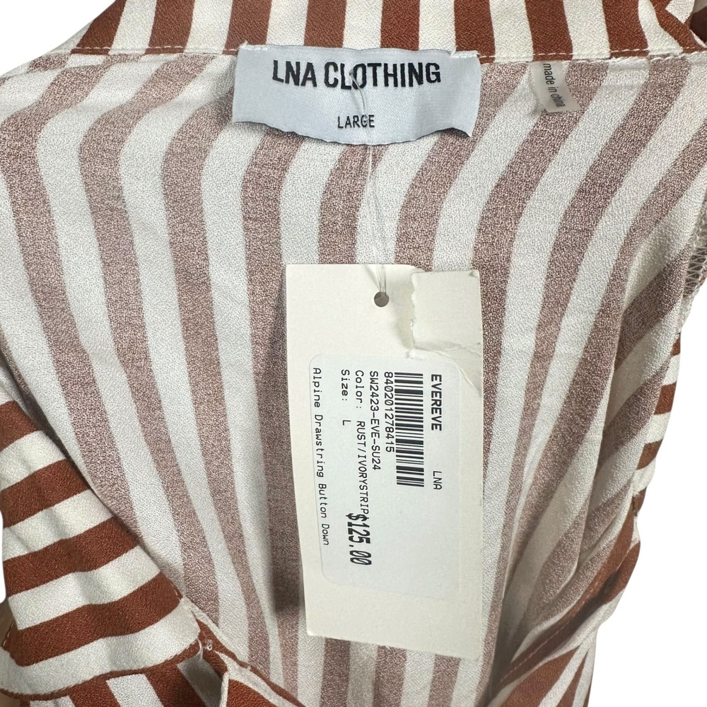 LNA Evereve Alpine Striped Button Down Shirt Drawstring Hem Brown Ivory L NWT - Picture 4 of 13